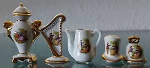 5 statuine porcellana miniatura Limoges Francia cappello superiore teiera vaso arpa campana - Foto 1 di 19