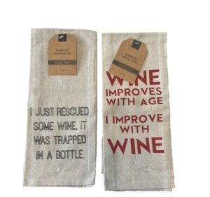 Funny Saying Kitchen Towel Set Of 2 Tan Printed Cotton 15 x 25'' Drinks Friends - Picture 1 of 9