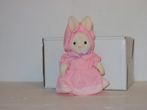 FLOCKED WHITE BUNNY FIGURINE IN PINK DRESS, BLOOMERS, AND BONNET - Picture 1 of 3