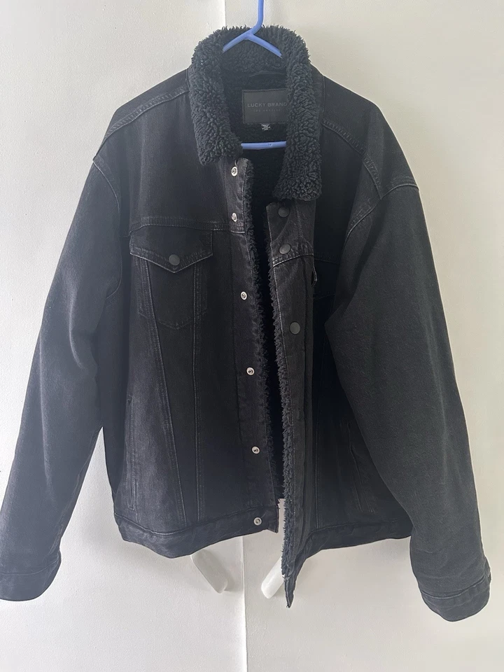 Chaqueta de Camionero Lucky Brand Sherpa Forrada Denim Hombres 2XL Negra Botones a Presión Foto 1 de 4