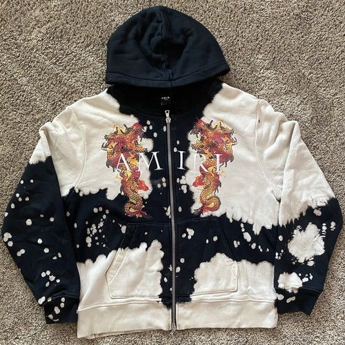 Autentica felpa con cappuccio Amiri logo drago sbiancato full zip da uomo maglione medio adatta LG