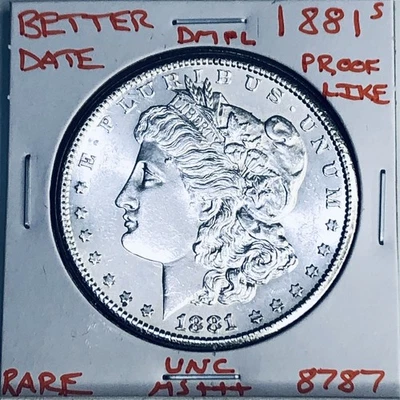 1881 S BU GEM MORGAN SILVER DOLLAR UNC MS+++ DMPL U.S. MINT RARE COIN 8787 - Image 1 of 3