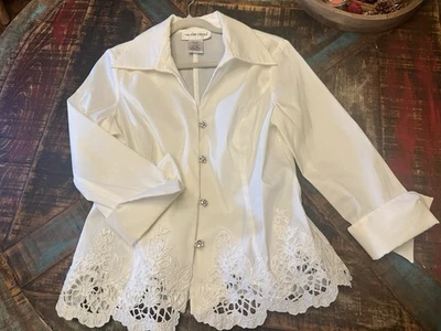 Blusa Victor Costa Blanca Manga 3/4 Ocasión Formal Encaje Estrás Nueva Sin Etiquetas Foto 1 de 4