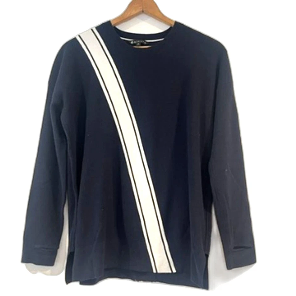 Athleta Streetwise Sweater Navy Blue White Stripe Medium Cotton Pullover  - Image 1 of 4