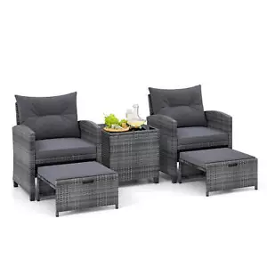 5 Piece Patio Rattan Furniture w/ 2 Ottomans & Tempered Glass Coffee Table - Picture 1 of 10