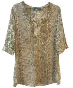 Solataire Swim Tunic Top Cover Up Light Snakeskin Pattern Gold 3/4 Sleeves Sz L - Picture 1 of 6