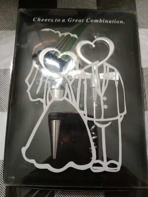 "Cheers to a Great Combination abridor de garrafa de vinho e rolha conjunto de presente/casamento  - Imagem 1 de 2
