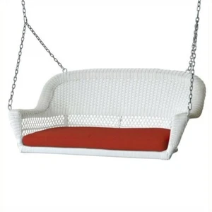 Pemberly Row Wicker Porch Swing in White with Red Cushion - Picture 1 of 1