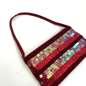 NWOT Unbranded  Small Shoulder Party Bag Beaded Sequin Red Fabric Sparkly - Picture 1 of 6