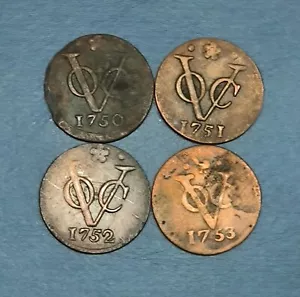 4 Pcs Set Year 1750 , 1751 , 1752 & 1753 Dutch Netherlands Voc Duit Coin_H31 - Picture 1 of 2