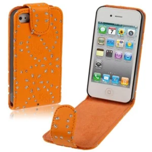 Etui na telefon komórkowy Flip cienkie do telefonu komórkowego iPhone 4 i 4S Strass pomarańczowe - Zdjęcie 1 z 2