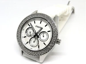 FOSSIL Stella 3 Dial Watch Crystal Bezel 5 ATM Rubber white Band New Battery - Picture 1 of 6