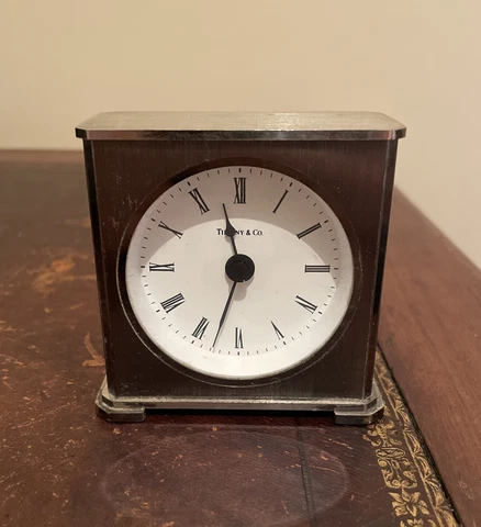 Tiffany Quartz Desk Clock Gray-Tone Brushed Finish-Rare 3” Germany Battery - VTG Cover