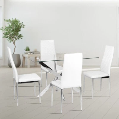 Modern Glass Dining Table Geometric Metal Base Kitchen Leather 2/4 Chairs Option - Image 1 of 4