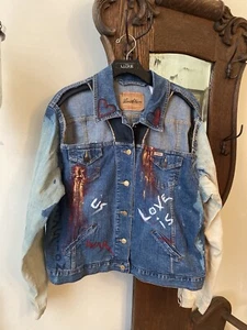 VTG Levi' Strauss Customized Cut Out Painted WOMENS XL Trucker Jean Jacket - Picture 1 of 10