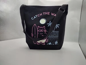 NEW "CATCH THE WAVE" Cat Canvas Shoulder Bag Black Adjustable Strap 13.8X13.8 in - Picture 1 of 6