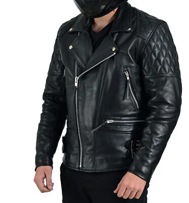 Black Classic Diamond Armoured Motorcycle Biker Leather Jackets Double Lining - Image 1 of 4