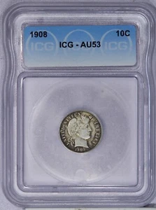 Moneda de diez centavos Barber 1908 10c ICG AU53 - Imagen 1 de 2
