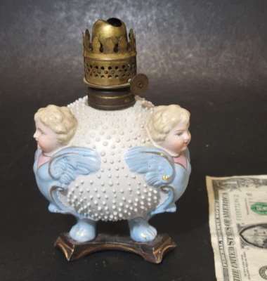 c1880s German Bisque CHERUBS Miniature Oil Lamp Antique Figural Angel Porcelain - Image 1 of 4