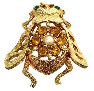 Vintage Unsigned Corocraft Bee Bug Beetle Insect Brooch Rhinestone Pin 1950’s? - Picture 1 of 7