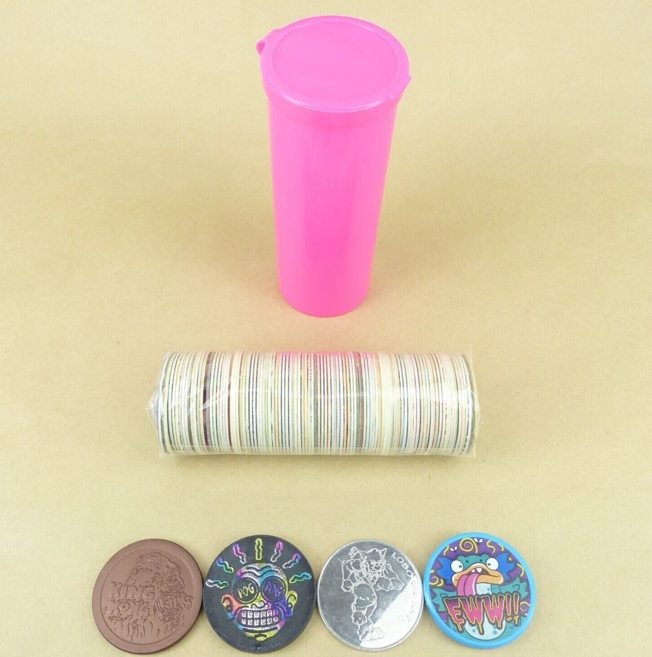 100 Pogs + 4 Slammers + Pog Tube 1990s Retro Nostalgia! Pog Game Ready To Play - Image 1 of 1