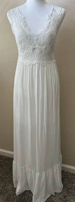 NWT Francesca Women's White Babydoll Tiered Maxi Dress Med Boho Cottage Wedding - Image 1 of 4