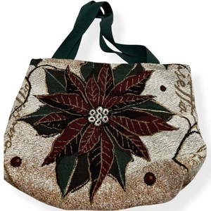 Christmas Holiday Poinsettia Tapesty Fabric Tote Bag Purse Gift Bag - Picture 1 of 8