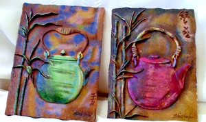 2 VTG SILVA VASSILEVA Asian Teapot Plaques Wall Hangings Crimson &Teal 6.5"x4.5" - Picture 1 of 9