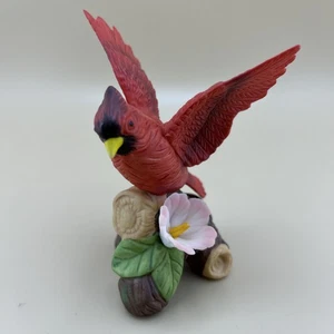 4" Miniature Fine Porcelain Statue Red Cardinal Bird Flower - Picture 1 of 8