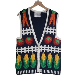 Marisa Christina Veggie Garden Handknit Sweater Vest Button Front MP Navy White - Picture 1 of 9