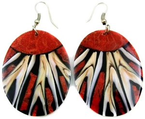 Natural Red Coral & Cone Shell Oval Cone Shell Earrings, Handmade Dangle Drop... - Picture 1 of 3