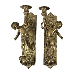 Lancini Italy, Pair Wall Mount Sconces Candle Holders Putti Cherub Angels Brass - Picture 1 of 14