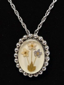 VTG Sterling Silver Lucite & Dried Flower Pendant / Brooch Rope Chain Necklace - Picture 1 of 5