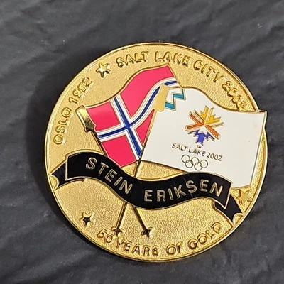 Signed Stein Eriksen 50th Anniversary pin for 2002 Olympics.  - Image 1 of 4