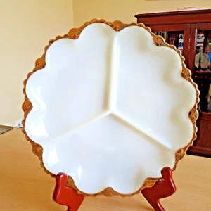 Vintage Anchor Hocking Milk Glass Gilded Gold Edge Divided Platter - Picture 1 of 9