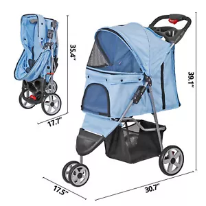 3-Wheel Foldable Pet Stroller Dog Cat Stroller Cart w/ Pads & Cup Holder Blue - Picture 1 of 24