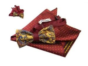 Completo abbinato uomo papillon giallo ocra paisley nod bordeaux SETA e POCHETTE - Picture 1 of 6