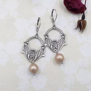 Champagne Imitation Pearl Art Nouveau Floral Drop Earrings, Handmade Unique - Picture 1 of 14