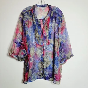 Catherines Sheer Blouse Plus Size 4X Paisley Button Up 3/4 Sleeve Blue Pink - Picture 1 of 5