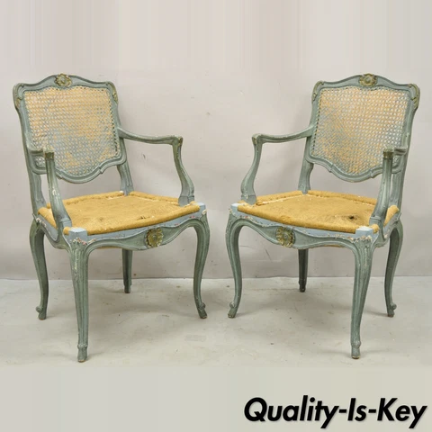 Pair Vintage French Louis XV  Style Blue Painted Cane Back Fauteuil Arm Chairs Cover