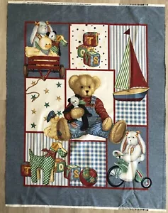 Daisy Kingdom #4482 "Blue Jean Teddy Picture Patch Quilt" Cotton Fabric Panel - Picture 1 of 7