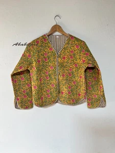M Size Yellow Pink Floral Print Cotton Quilted Jacket Vintage Reversible Jacket - Picture 1 of 6
