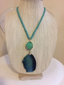 NWOT Green Turquoise Drusy Drop And Turq Bead Long Necklace - Picture 1 of 3