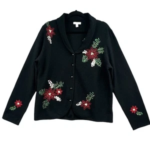 Charter Club Cardigan Christmas Sweater Large Wool Embroidered Poinsettia Beaded - Picture 1 of 19