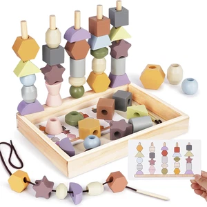 Montessori Toys for 3 Year Old - Wooden Lacing Beads & Stacking Blocks Toys for - Picture 1 of 12