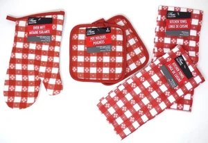 Home Collection Kitchen Towels, 2pk Pot Holders, Oven Mitt ~ Set of 5 Red/White - Picture 1 of 1