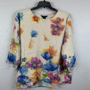 Ali Miles Shirt Damen XL beige Leinenmischung geblümt 3/4 Arm Knopfleiste Tunika - Bild 1 von 7