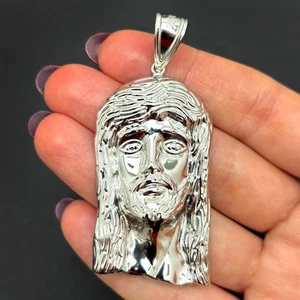 10K White Gold Diamond Cut Jesus Head Religious Charm Pendant 2.5" - Picture 1 of 5