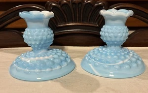 Pair Vintage Fenton BLUE Milk Glass 3.5” Tall Hobnail Candlestick Candle Holders - Picture 1 of 4