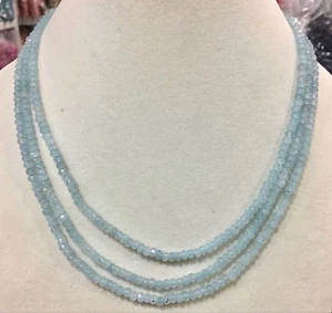 Genuine natural 3 rows 2X4mm faceted blue aquamarine beads necklace 17-18.5'' - Picture 1 of 5